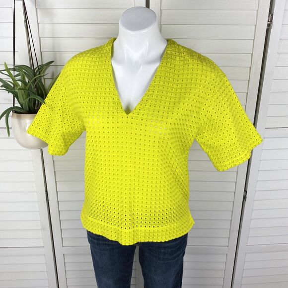 Theory Tops - Theory Yellow Nolani Eyelet Top V Neck Boxy Blouse Short Sleeve Shirt Size S
